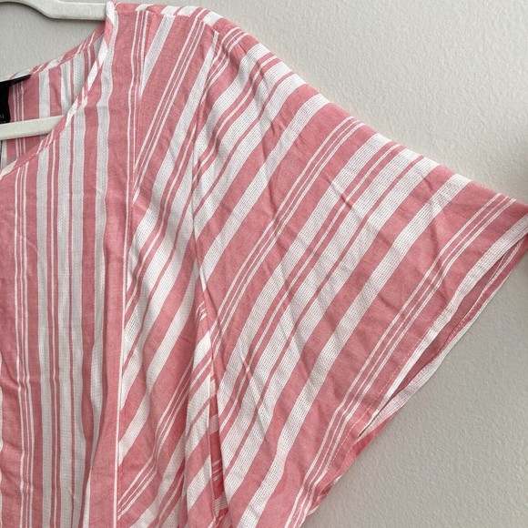 Lane Bryant Pink White Striped Babydoll Blouse Size 12 Button Flowy Short Sleeve - Picture 3 of 9